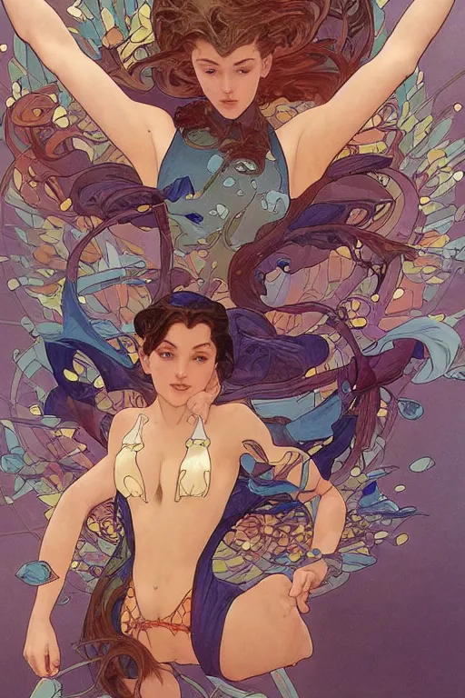 Prompt: swimming through time, by artgerm and moebius and alphonse mucha, hyperdetailed, dc comics, explosions in the sky, trending on artstation