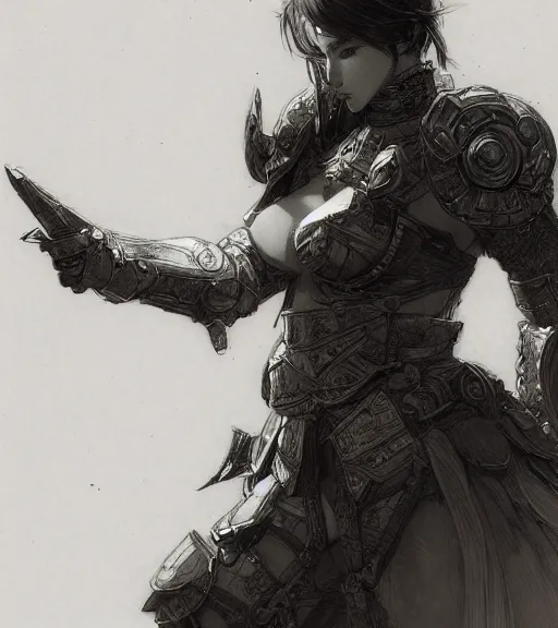 Image similar to anime woman in armor, pen and ink, intricate line drawings, by craig mullins, ruan jia, kentaro miura, greg rutkowski, loundraw
