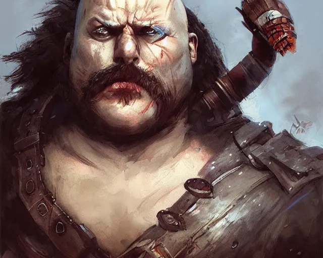 Image similar to portrait of doctor ivo robotnik as a barbarian, epic, tragic, dark fantasy art, fantasy, pretty, hd shot, digital portrait, beautiful, artstation, comic style, by artgerm, guy denning, jakub rozalski, magali villeneuve and charlie bowater