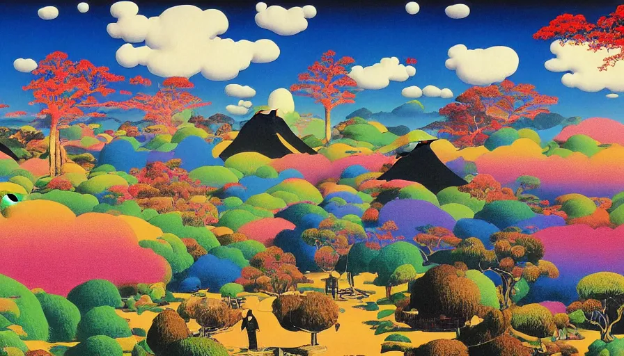 Image similar to Japan rural splendor travel and tourism c2050, surrealist psychedelic collage painting in the style of Magritte, Roger Dean, Yoshio Awazu, vivid color