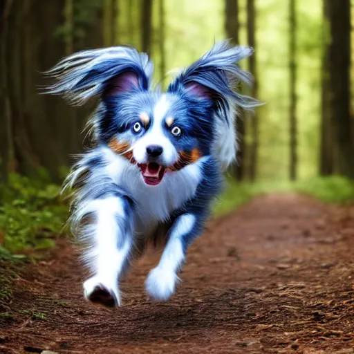 Image similar to blue Merle australian Shepard running through a forest, photography, hyper realistic