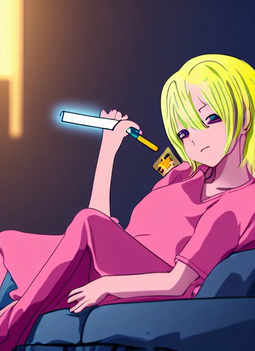 Image similar to anime girl with blonde hair laying on sofa, smoking, neon lights