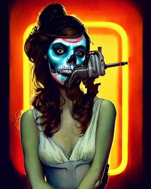 Prompt: in the style of Norman Rockwell and Joshua Middleton and Charlie Bowater, Samara Weaving with skull face paint, symmetrical face, symmetrical body, holding a shotgun, in an alleyway during The Purge, night time dark with neon colors, fires