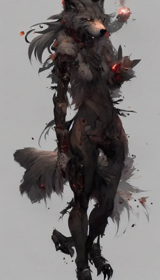 Image similar to concept art of anthropomorphized wolf fullbody, night themed, highly detailed painting by dustin nguyen, akihiko yoshida, greg tocchini, 4 k, trending on artstation, 8 k