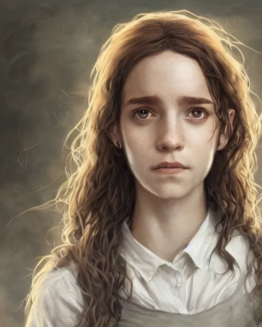 Image similar to portrait of hermione granger, hyper realistic face, beautiful eyes, fantasy art, in the style of greg rutkowski, intricate, hyper detailed, smooth