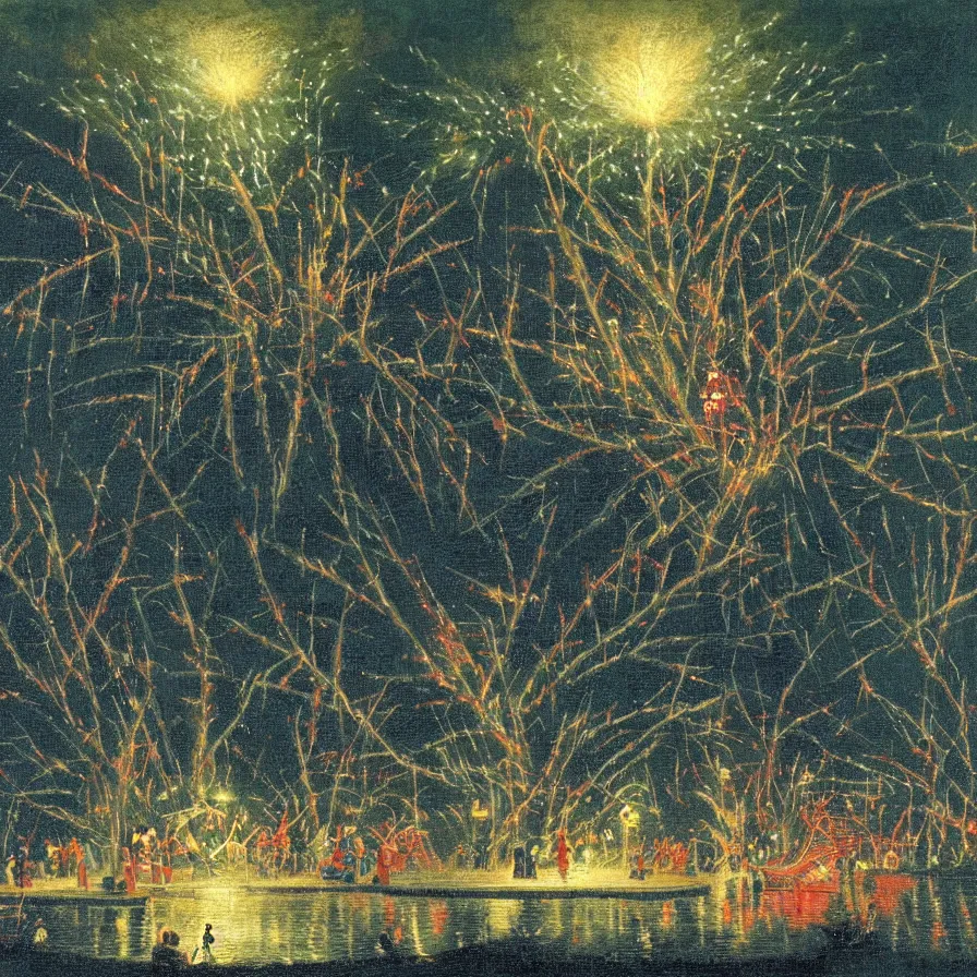 Image similar to closeup of a night carnival around a magical in a summer storm, tree cavity with a music scenario with many fireworks and christmas lights, next to a lake with iridiscent lake water, volumetric lightning, folklore people disguised with fantastic creatures in a magical forest by summer night, masterpiece painted by paul gustav fischer, scene by dark night environment, refraction lights, five star stories