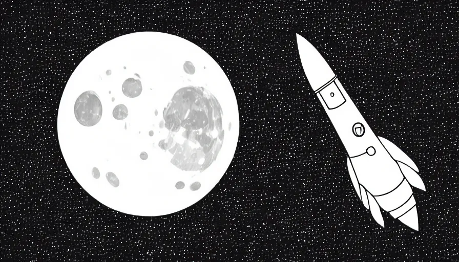 Image similar to travel to the moon with a rocket, cartoon style, black outline, on white, smooth, sharp lines, detailed