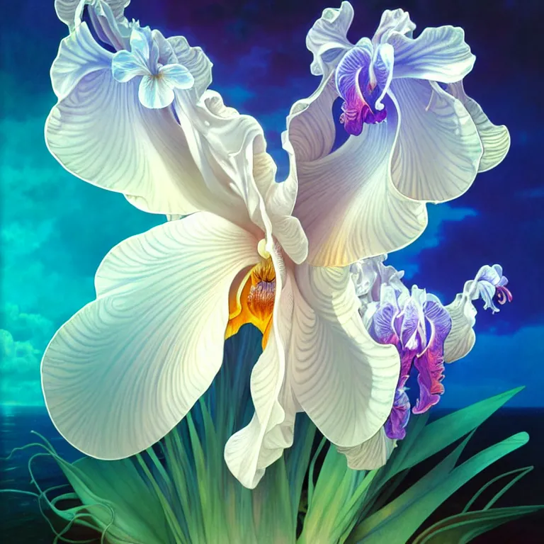 Image similar to detailed giant white holographic orchid iris hybrid flower surrounded by ocean waves, lsd water, lsd ripples, droplets, backlit, sunset, refracted lighting, art by collier, albert aublet, krenz cushart, artem demura, alphonse mucha