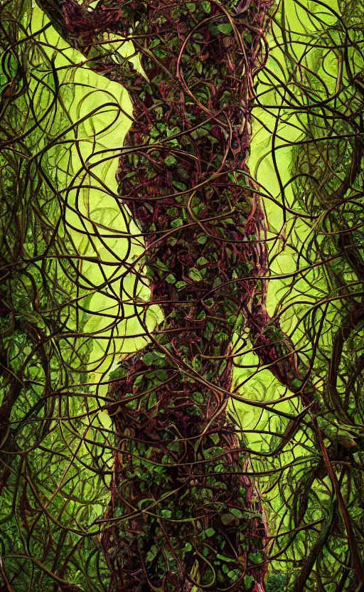 Image similar to a person trapped in extremely thick vines intertwined, central composition, high saturation, epic lighting, in the style of Peter gric and Hannah yata 8k