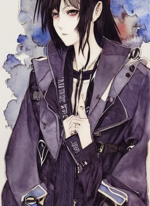 Prompt: a watercolor portrait illustration by sui ishida and alphons mucha of an anime girl as a vampire highly detailed anime eyes wearing streetwear pilot suit lots of zippers, pockets, synthetic materials, jumpsuits by issey miyake and balenciaga 8 k