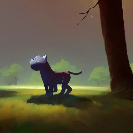 Image similar to Goro Fujita illustrating a big cat calmly walking through the forest, by Goro Fujita, concept art, sharp focus, highly detailed, ArtStation