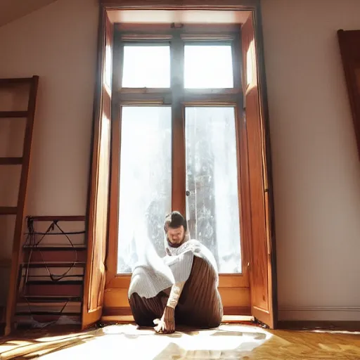 Prompt: person in pyjamas standing near window, turned back to camera, cinematography, sun rays, daylight, big french door window, big spatious room, carpet at the floor, wide shot 2 4 mm, anamorphic shot lens, walls at left and right sides, window at the center, wooden floor, modern, winter sun, photorealistic, high ceiling