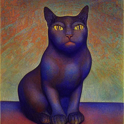 Image similar to painting of a cloisonne cat sculpture, by annie swynnerton and diego rivera and nicholas roerich and jean delville, symbolist, dramatic lighting, god rays, art brut, rich colors, smooth, sharp focus, extremely detailed, adolf wolfli and ( donato giancola and bilibin )