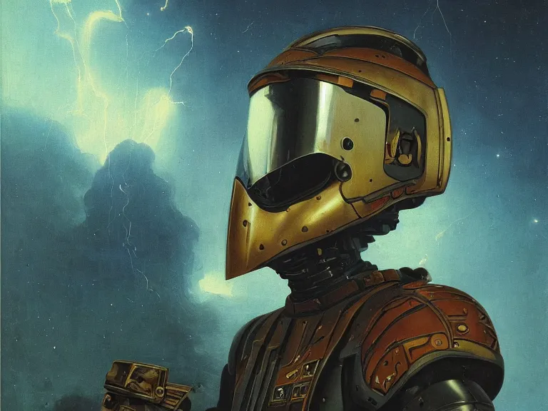 Image similar to a detailed profile oil painting of a bounty hunter in armour and visor, cinematic sci-fi poster. technology flight suit, anatomy portrait symmetrical and science fiction theme with lightning, aurora lighting clouds and stars. Clean and minimal design by beksinski carl spitzweg and tuomas korpi. baroque elements. baroque element. intricate artwork by caravaggio. Trending on artstation. 8k