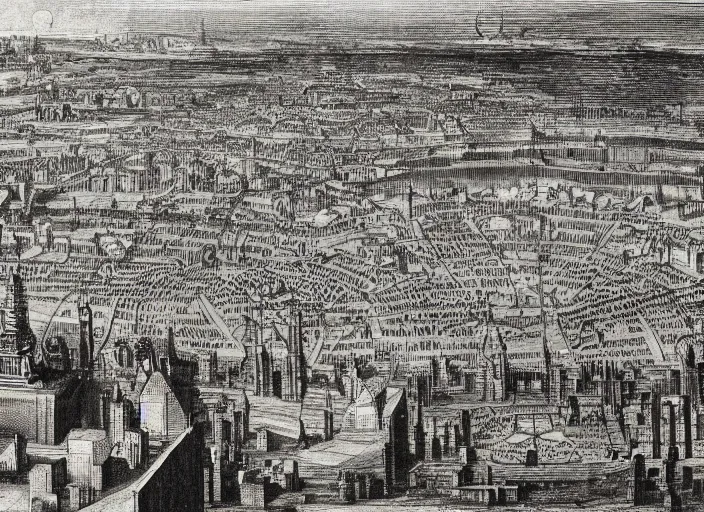 Prompt: detail from Hollar’s Panoramic view of a futuristic city, 1647