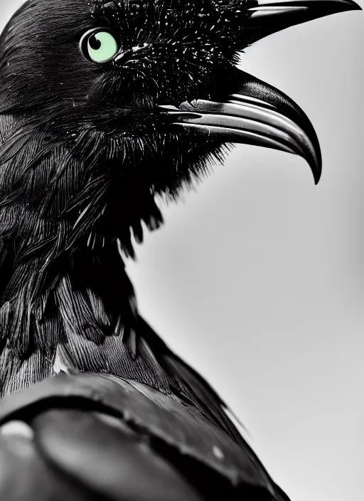 Image similar to a profile portrait, a stunning young cyborg female mixed crow mixed vegetal, editorial photography, bw, shot on 7 0 mm, depth of field, f / 2. 8, high contrast, 1 6 k, volumetric lighting, shiny, insanely detailed and intricate, hypermaximalist, elegant, ornate, hyper realistic, super detailed