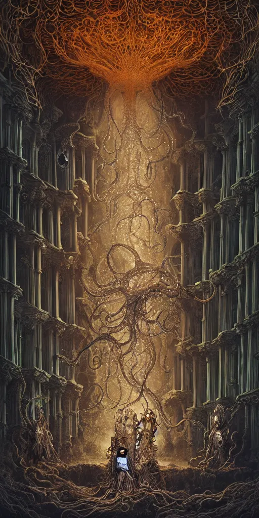 Image similar to group of people species mages with octopus heads and a lot of small translucent jellyfishes floating around inside an ancient mage castle hall colossal scale, gothic and baroque, brutalist architecture, ultradetailed, Intricate by Ellen Jewett and Josan Gonzalez and Giuseppe Arcimboldo