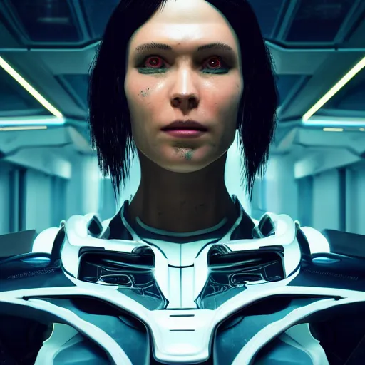 Prompt: centered portrait of a cyborg, in the style of Cyberpunk 2099, sci fi character concept, science fiction, technology, futuristic, kitsch, medium shot, symmetrical face, elegant pose, illustration, slender, cinematic lighting, hyperdetailed, cgsociety, 8k, high resolution, single face, insanely detailed and intricate, octane render, golden ratio, vfx, postprocessing, Syd Mead, Masamune Shirow,