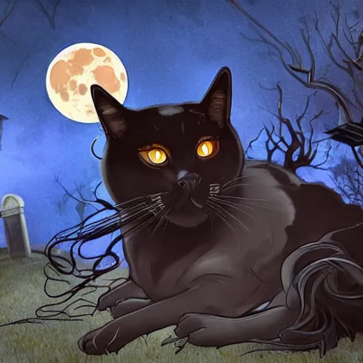 Image similar to an ultra detailed animation of a black cat with bats in a graveyard at midnight on halloween tattoo, digital art, dark fantasy, concept art, soulslike, by alphonse mucha, blood moon eclipse, ruined building in the background, artstation, 8 k, unreal engine render