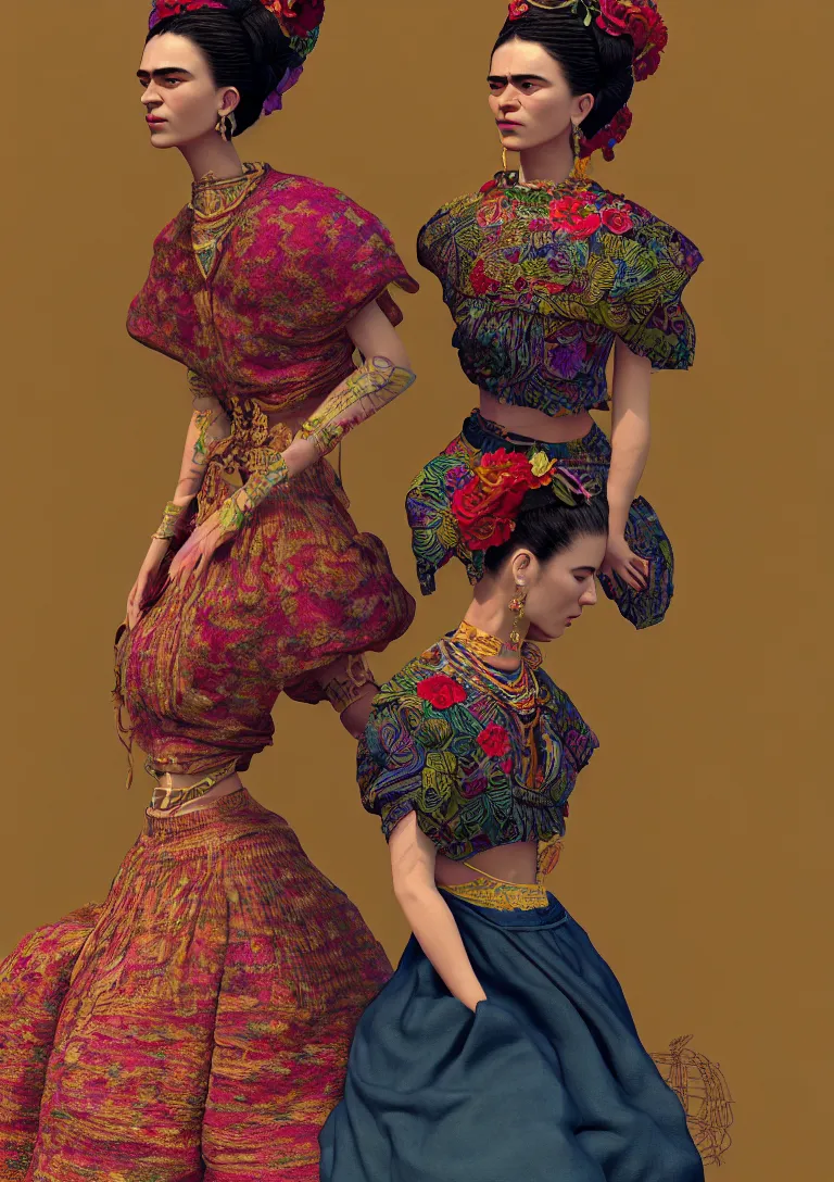 Image similar to cloths on frida khalo style, high detailed intricate fashion clothing, cotton texture, silk colors, ultra realistic, octane render, volumetric lights, long, wide skirts, loose - fitting blouses, elaborate hairstyles, and intricate embroidery