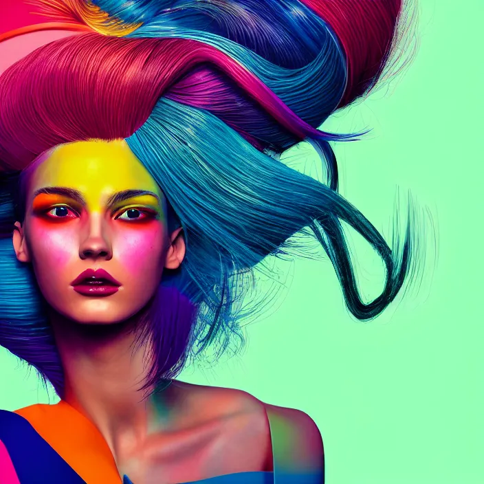 Prompt: portrait of a post modern fashion model with an exuberant modernist hair style, colorful, dynamic pose, beautiful face, octane render, vray, detailed, wide angle, halftoned, editorial illustration, matte print, grainy light, ( ( dither ) ), risograph, high contrast, screen print, rich grainy texture