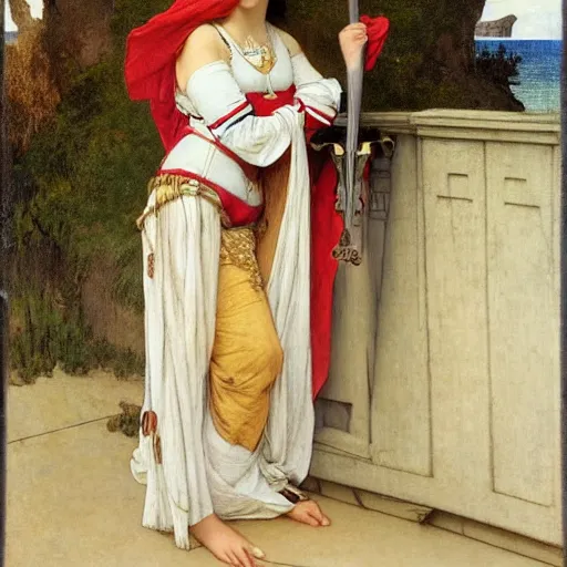 Image similar to A girl with jester clothes and a sword on the front of a Balustrade with a beach on the background, major arcana clothes, by paul delaroche, alphonse mucha and arnold böcklin arnold böcklin hyperrealistic 8k, very detailed