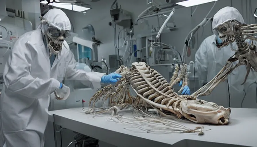 Image similar to Big budget horror movie set in biolab about a cyborg doing an autopsy on a squid-skeleton hybrid