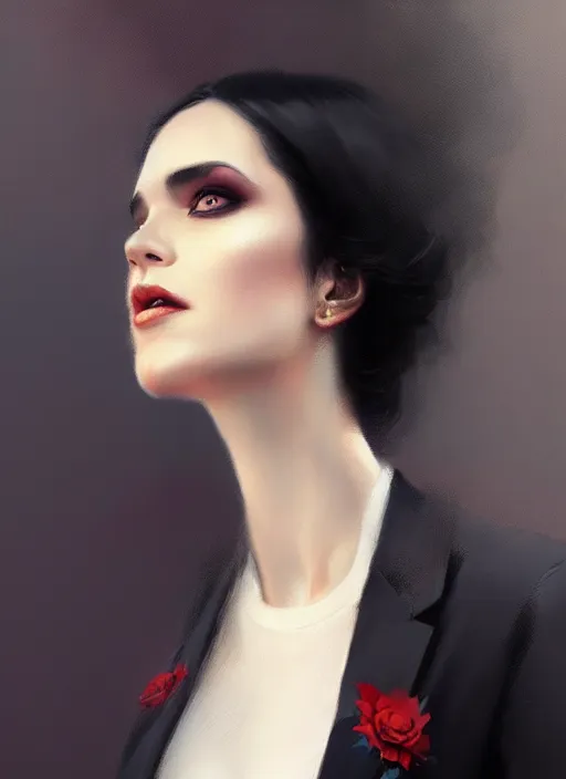 Image similar to a ultradetailed beautiful panting of a stylish woman wearing a shirt with a tie, she has black hair, disressed, background explosion, tom bagshaw and jon foster, greg rutkowski on artstation