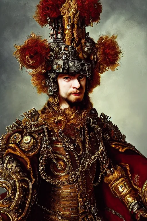 Prompt: epic, portrait, digital painting, of a 1 7 th century, decadent, cyborg king! techno - melded with is throne, dark hair, piercings, amber jewels, baroque!, ornate dark red opulent clothing, scifi, futuristic, realistic, hyperdetailed, concept art, rule of thirds, art by rembrandt, masterpiece