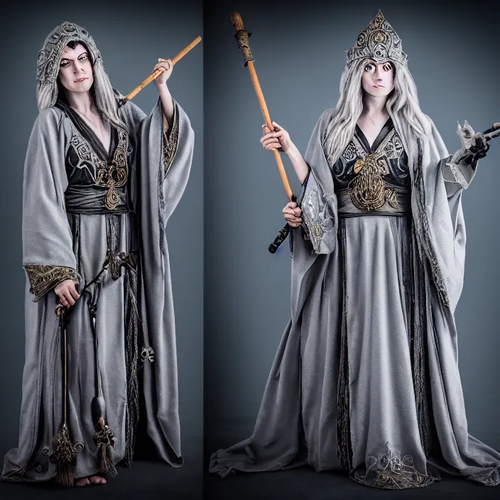 Prompt: professional photograph of a real - life beautiful elemental moon witch with ornate grey robes and staff. extremely detailed. 8 k