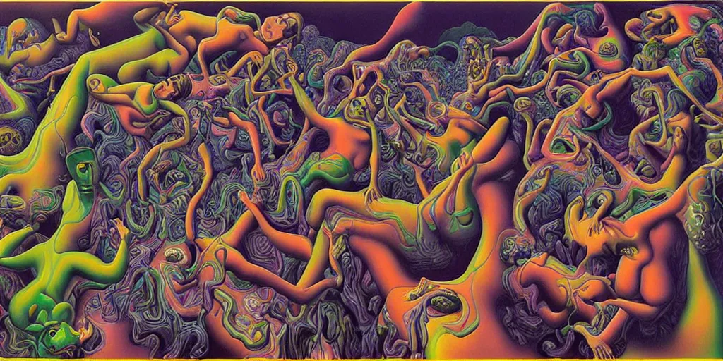 Image similar to basilisk, pain, pleasure, suffering, adventure, alex grey psychedelic dripping color love, abstract oil painting by mc escher and salvador dali gottfried helnwein