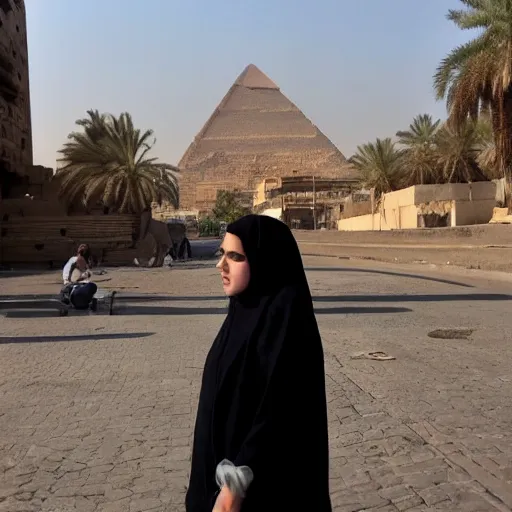 Prompt: High quality photo of Cleopatra, lost and confused in the streets of modern-day Cairo