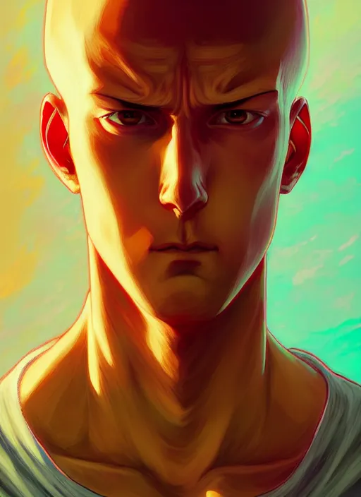 Image similar to handsome saitama, half body shot, path traced, red and yellow, highly detailed, high quality, digital painting, alena aenami, lilia alvarado, shinji aramaki, karol bak, alphonse mucha, tom bagshaw