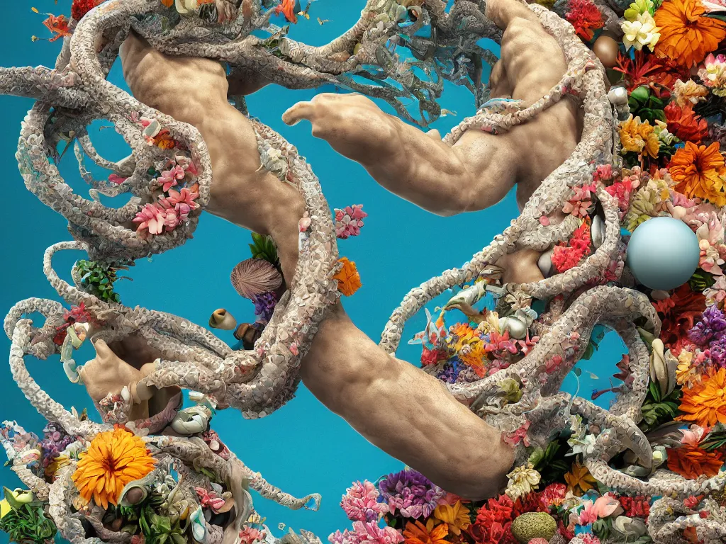 Prompt: a sculpture of fish ocean intertwined, a lovely cornucopia of flowers and human body parts, body parts, highly detailed, octane render, cinematic, shock, sharp focus, ball, an independent psycho, clean