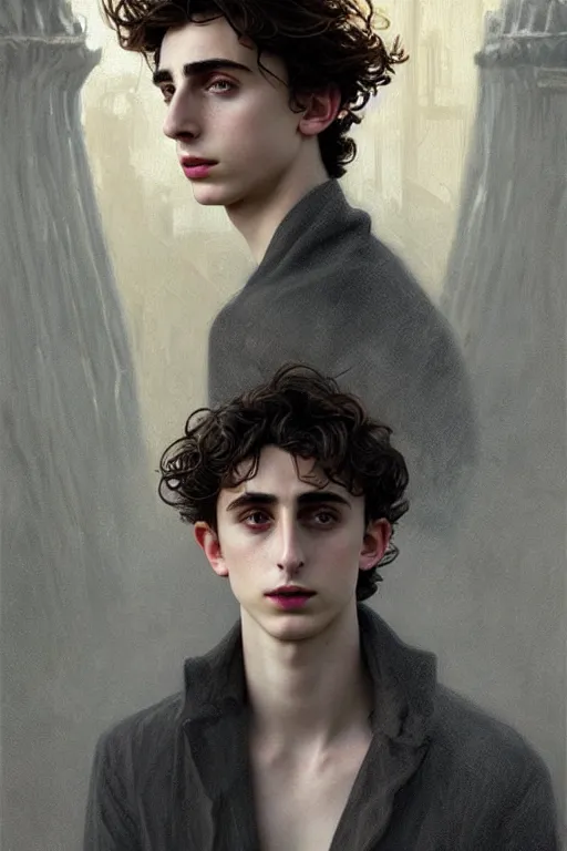 Image similar to portrait of timothee chalamet as dream of the endless, the sandman, grey clothes, in persian temple wet night, sci - fi and fantasy, intricate and very very beautiful and elegant, highly detailed, digital painting, artstation, concept art, smooth and sharp focus, illustration, art by tian zi and wlop and alphonse mucha