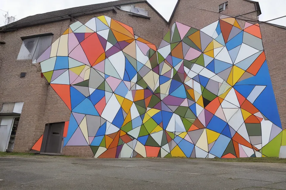 Image similar to geometric anamorphic graffiti of a modern house, by birdo, alex maksiov and john pugh