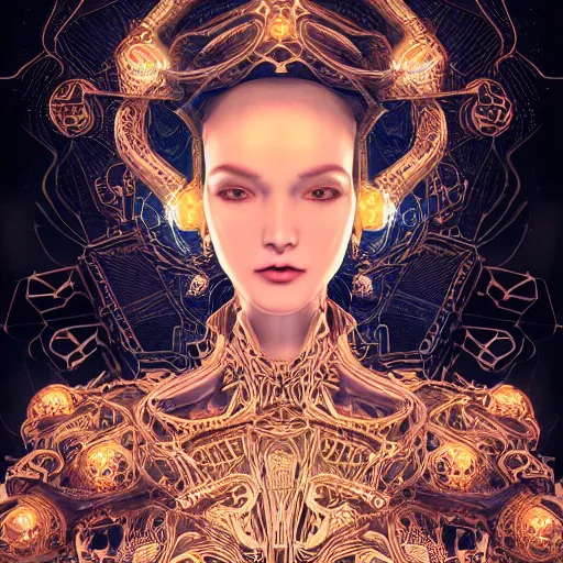 Image similar to the portrait of an absurdly graceful, sophisticated, fashionable ottomanpunk robotess idol, an ultrafine hyperdetailed illustration by kim jisu, intricate linework, neon wiring, porcelain skin, unreal engine 5 highly rendered, global illumination, radiant light, detailed and intricate environment, by rutkowski, artgerm,