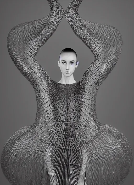 Image similar to a portrait of beautiful model ballerina wearing iris van herpen dress, by serge lutens, photorealistic, intricate details, hyper realistic, photorealistic, canon r 3, photography, symmetrical features, symmetrical pose, wide angle shot, head to toe, standing pose, feet on the ground,