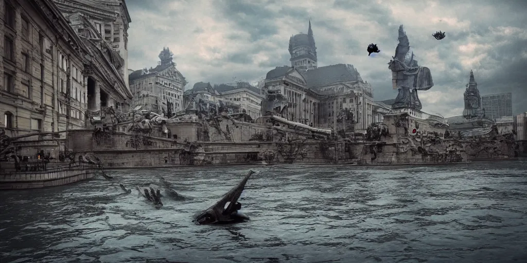 Image similar to kaiju attack in budapest photography realistic, detailed, cinematic