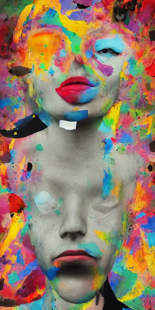 Image similar to full chromatic color, a face coming through a digital screen, Gertrude Abercrombie, minimalistic graffiti masterpiece, minimalism, 3d abstract render overlayed, black background, psychedelic therapy, trending on ArtStation, ink splatters, pen lines, incredible detail, creative, positive energy, happy, unique, negative space, face, artgerm