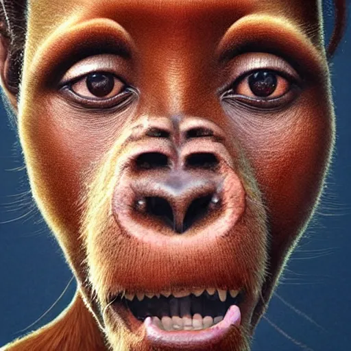 Prompt: Africa, beautiful portrait of many Emma Watsons jumping like a ginger big red monkey, face like monkey with banana on palms, many Emma Watson actress monkey face paint chimping , like , powerful , magic, thunders, dramatic lighting, intricate, wild, highly detailed, digital painting, artstation, concept art, smooth, sharp focus, illustration, art by artgerm and greg rutkowski and alphonse mucha, footage