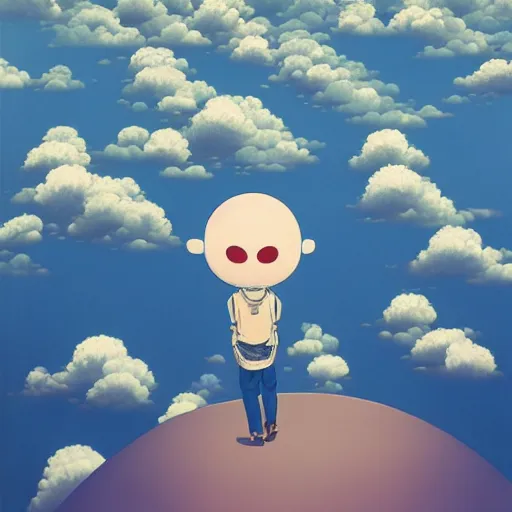 Image similar to a man walking on clouds away from the camera above kyoto by takashi murakami, beeple and james jean, aya takano color style, 4 k, super detailed, modern, 4 k, symmetrical