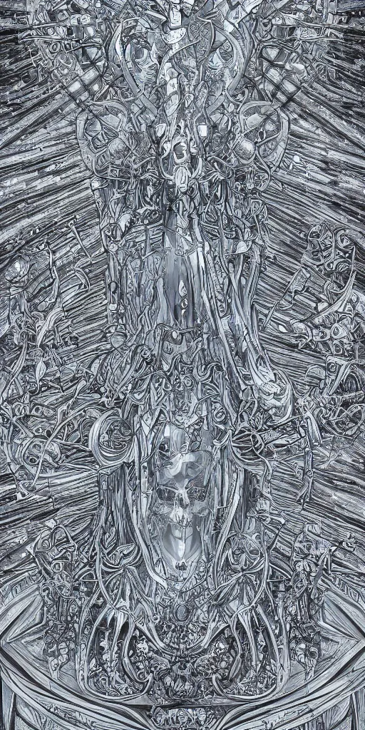 Prompt: baleful crystal harmonic gatekeepers of the elegant glass pageant temple of the drowned industrial god, choral freeze, pristine Philistine death rays, moon illusion, very detailed, intricate line drawing, 8k resolution