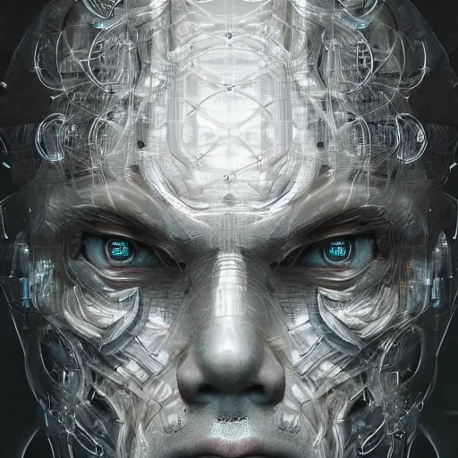 Prompt: centered front face portrait art illustration of an ultradetailed evil metaverse cyborg made of neuronal networks, by greg rutkowski and Zdzisław Beksiński, photorealistic, 8k, intricate, futuristic, dramatic light, trending on cg society