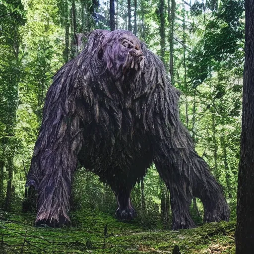 Prompt: large creature in the woods, hiding behind trees.