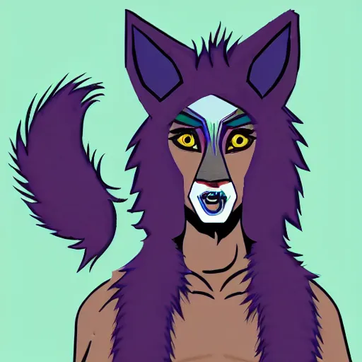 Prompt: androgynous werewolf with dyed fur, pride month, gender non - conforming, tamed, sweet, loyal, trustworthy