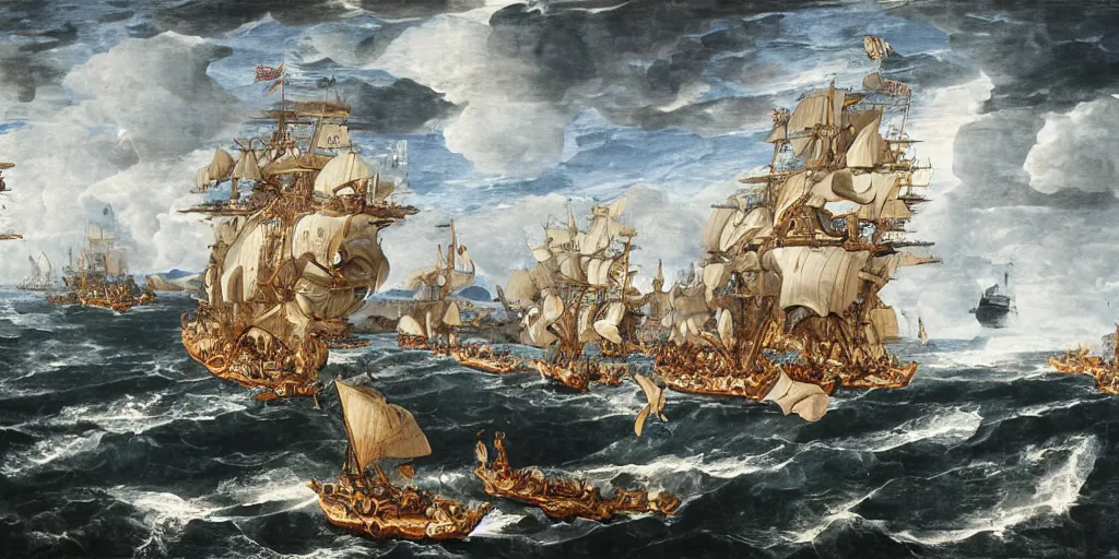 Prompt: incredibly detailed rinascimental painting of a naval battle in fron of Boccadasse. Big wooden ships. Dynamic. Bloon. Sunny. Wide canvas. Style of George Philip Reinagle and Paolo Veronese. Very detailed.