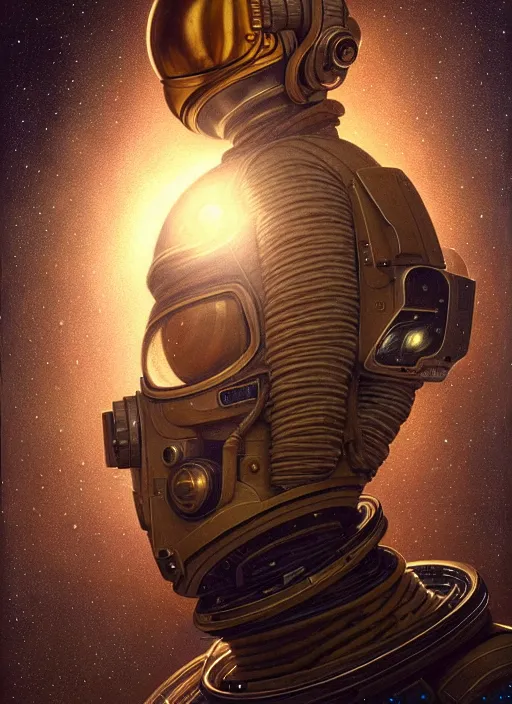 Image similar to extremely detailed studio portrait of space astronaut, full body, soft light, golden glow, diffuse lighting, fantasy, intricate, surrealism!!!!, highly detailed, lifelike, photorealistic, digital painting, artstation, illustration, concept art, smooth, sharp focus, by greg rutkowski, chris tulloch mccabe, valentina remenar and asher duran,