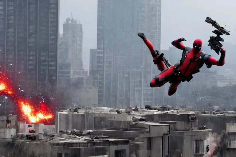 Image similar to militarily helicopter firing missiles and Deadpool leaps off smashes through high rise window, explosions, by Michael Bay