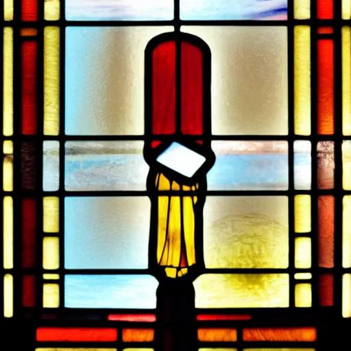 Prompt: stained glass window of a corrupt government official taking bribe money from big oil